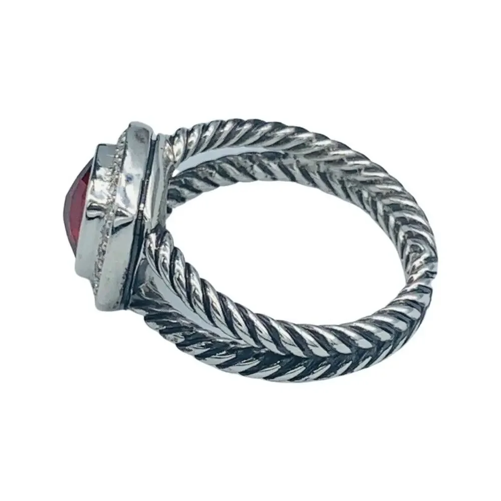 David Yurman Sterling Silver Garnet & Diamond Petite Albion Ring Size 9
